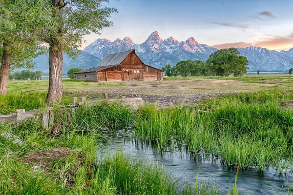 Wooden house with mountain view