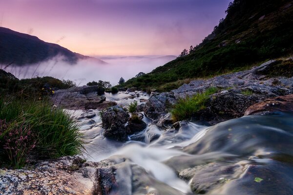 Nature landscape fog, mountains rocks stream