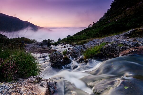 Naturaleza paisaje niebla, montaña piedras arroyo