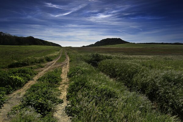 Route dans le champ menant aux collines. Ciel bleu