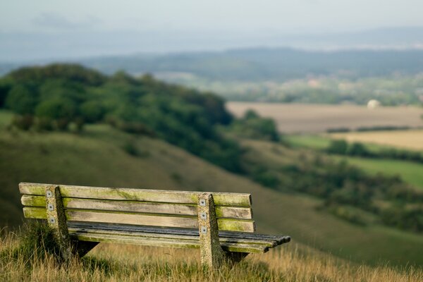 Landschaft mit Holzbank und Himmel