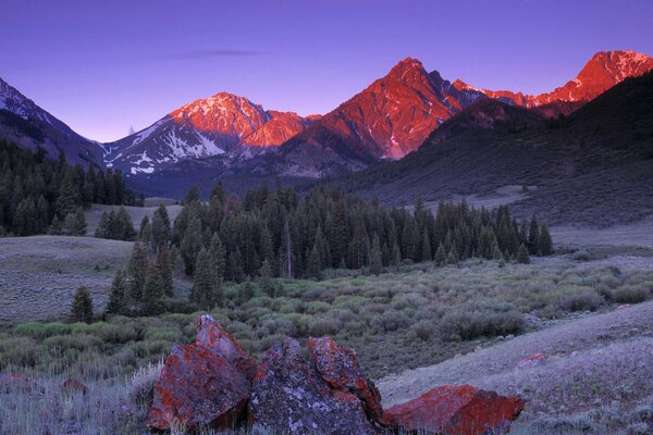 Cime rosa delle montagne al tramonto