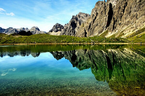 The surface of the lake water reflects the mountain range and greenery