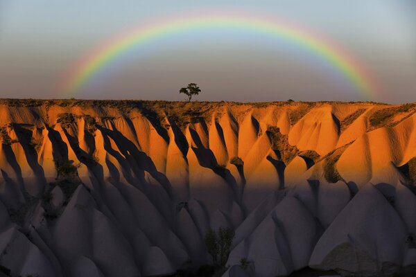 Rainbow in the mountains at sunset