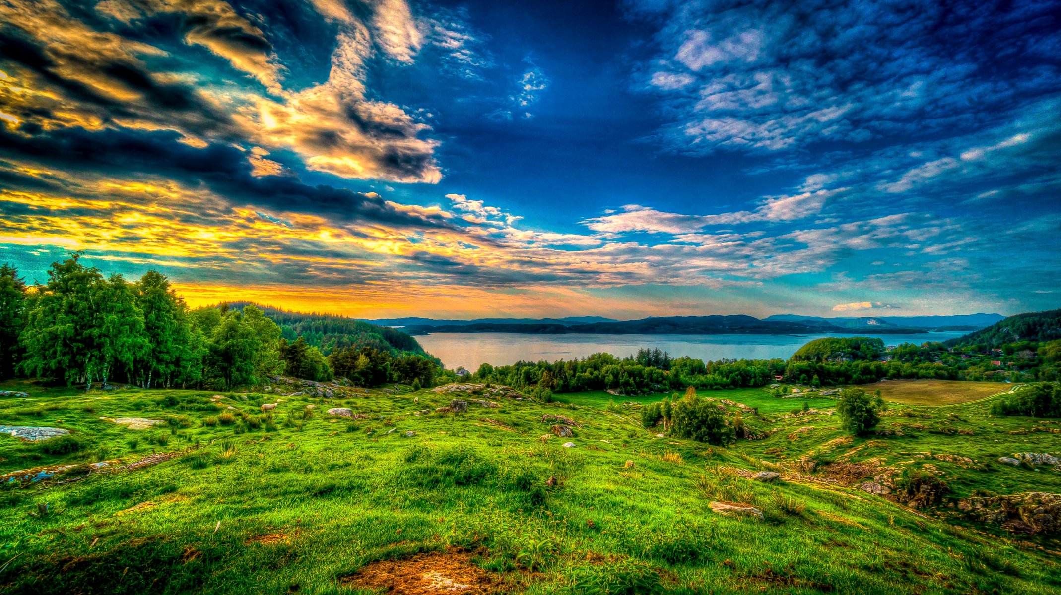 cielo nubes puesta de sol lago árboles piedras hierba