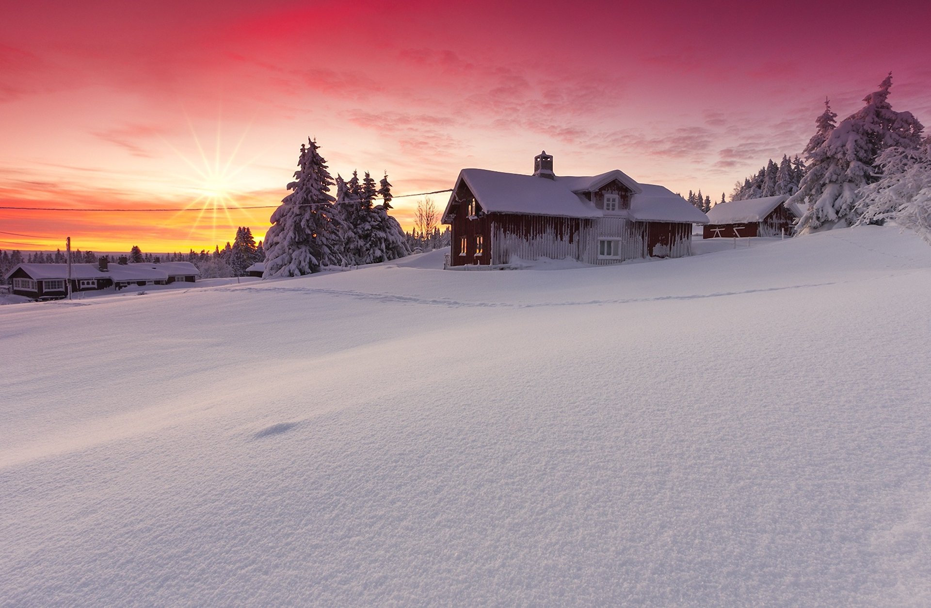 krajobraz natura zima śnieg świt słońce dom piękno lillehammer norwegia