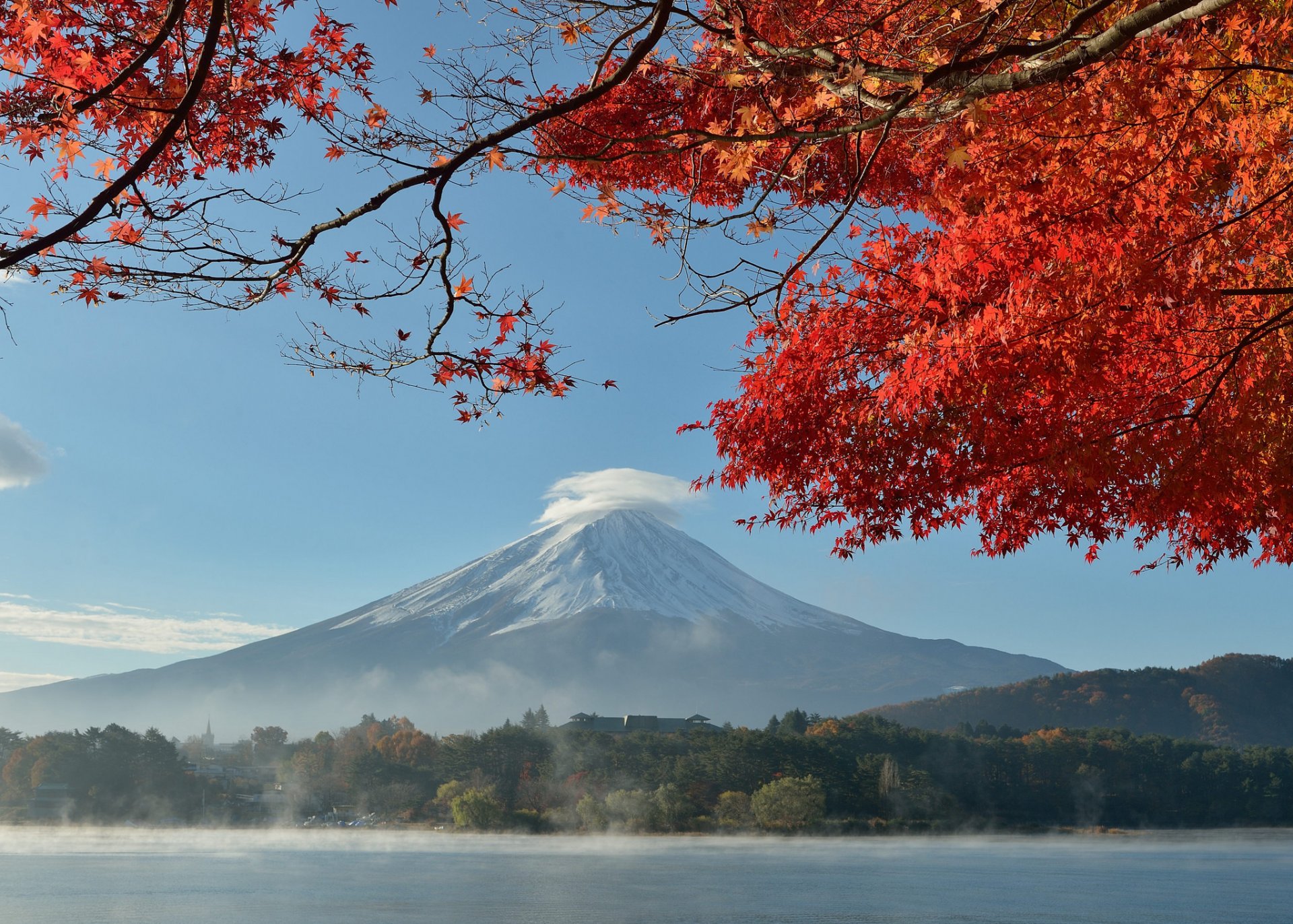 japan fujiyama himmel see bäume blätter herbst