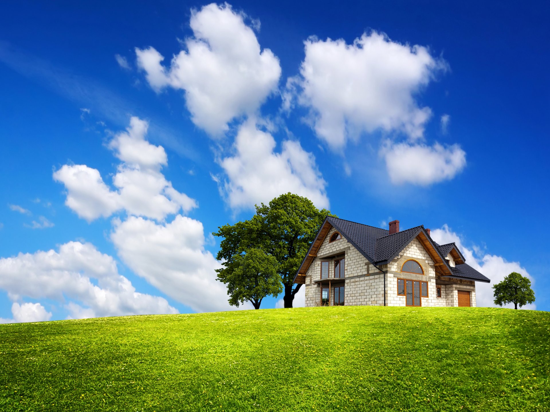 champ verdure herbe maison arbres manoir nuages ciel bleu