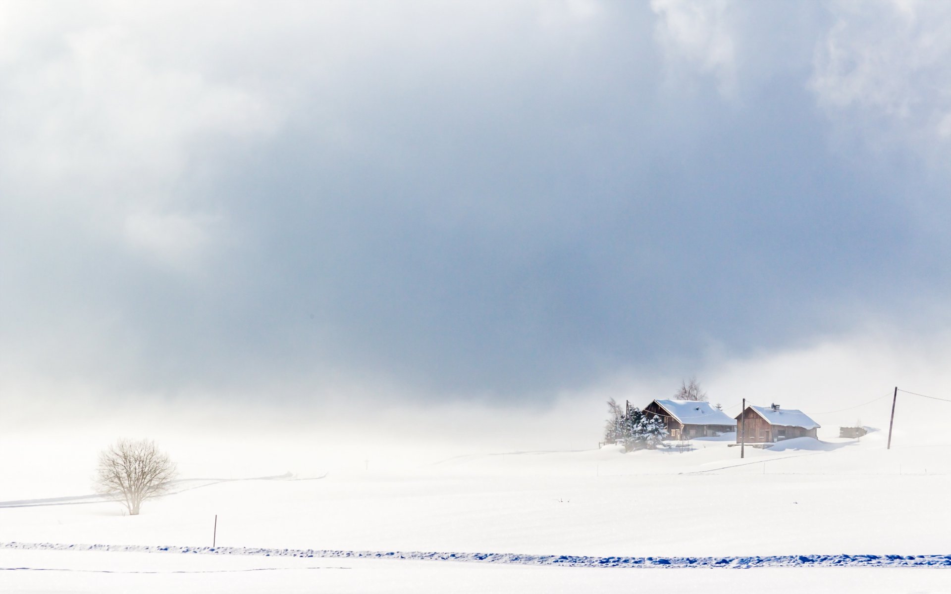 hiver champ maison brouillard paysage