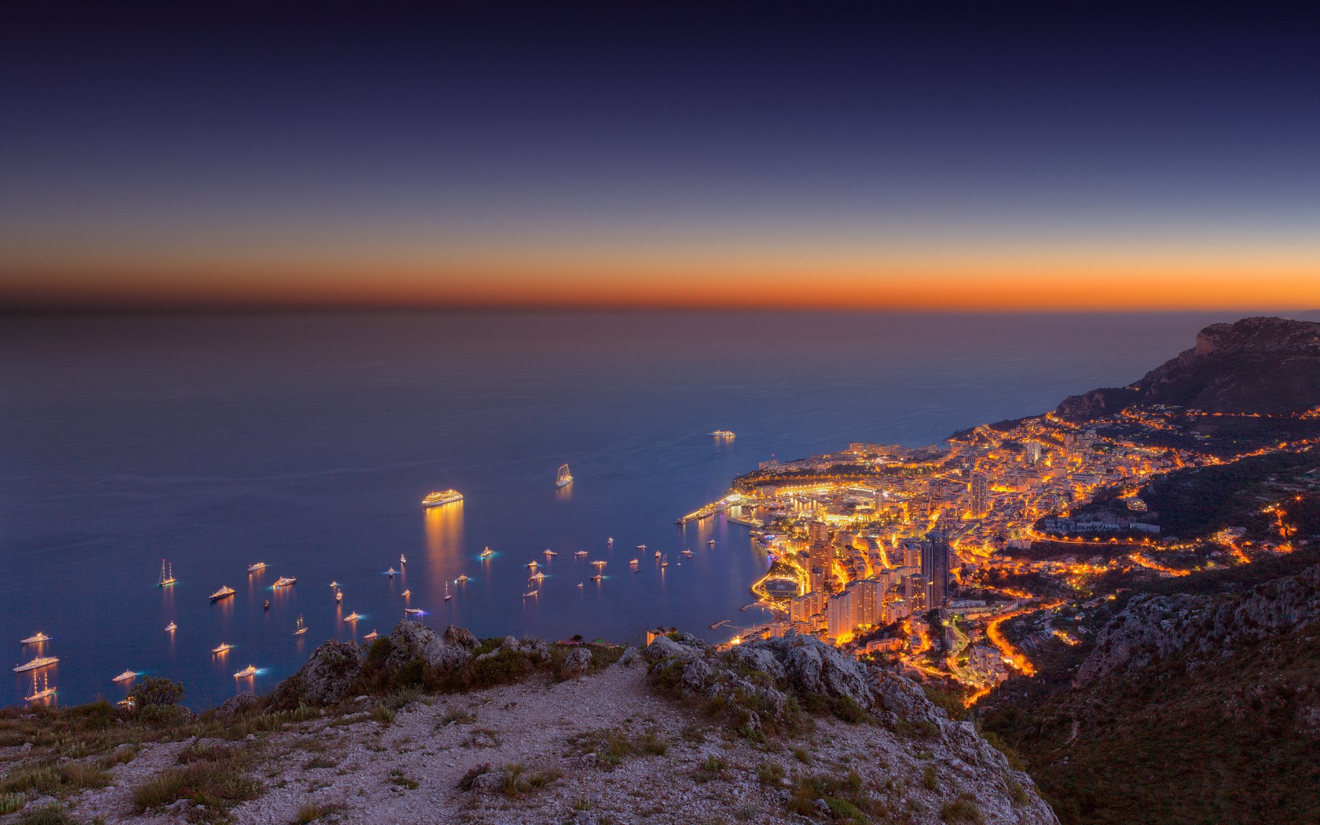 ciel mer coucher de soleil montagnes ville monte carlo navire yacht