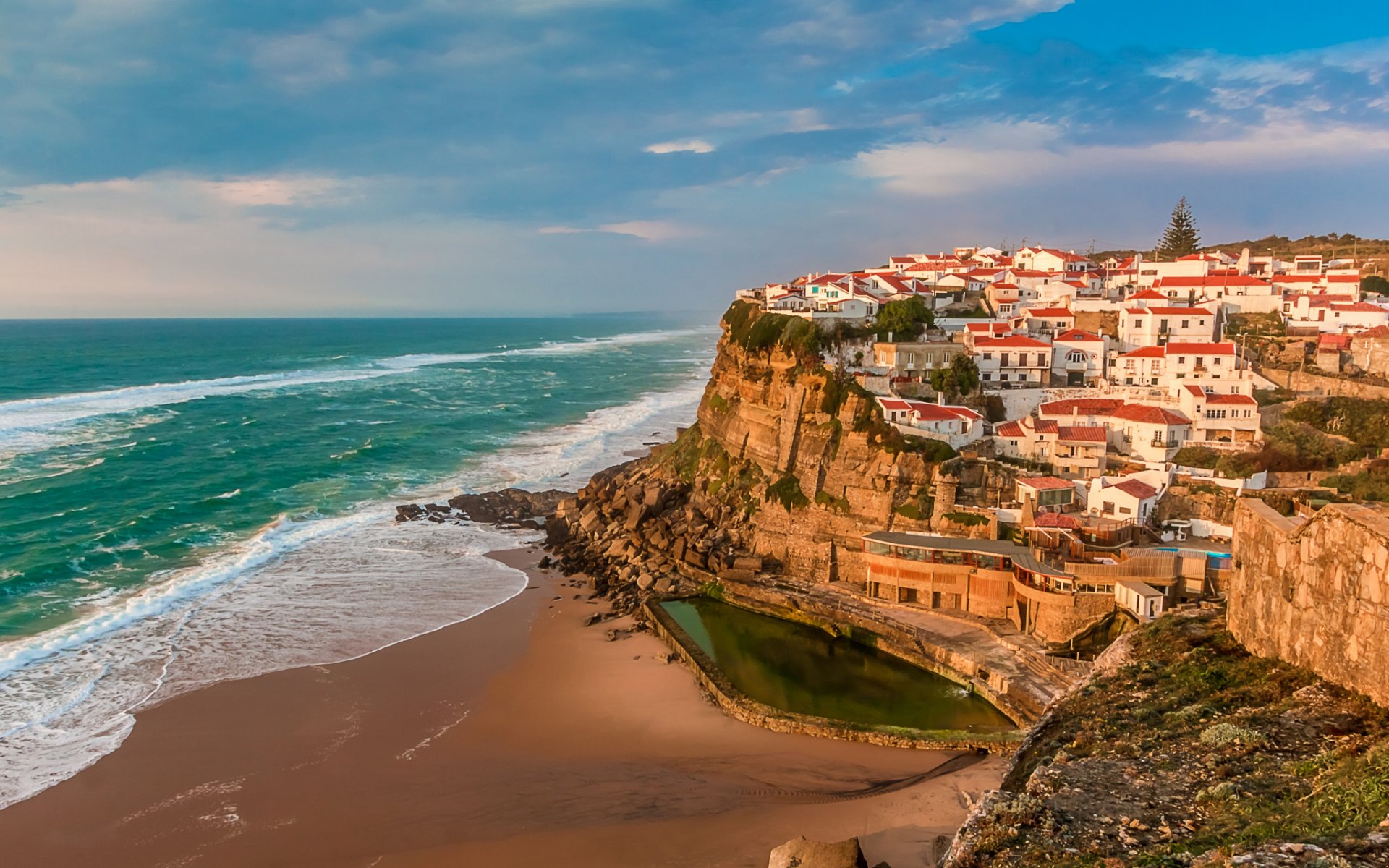 portugal meer himmel wellen landschaft häuser dächer