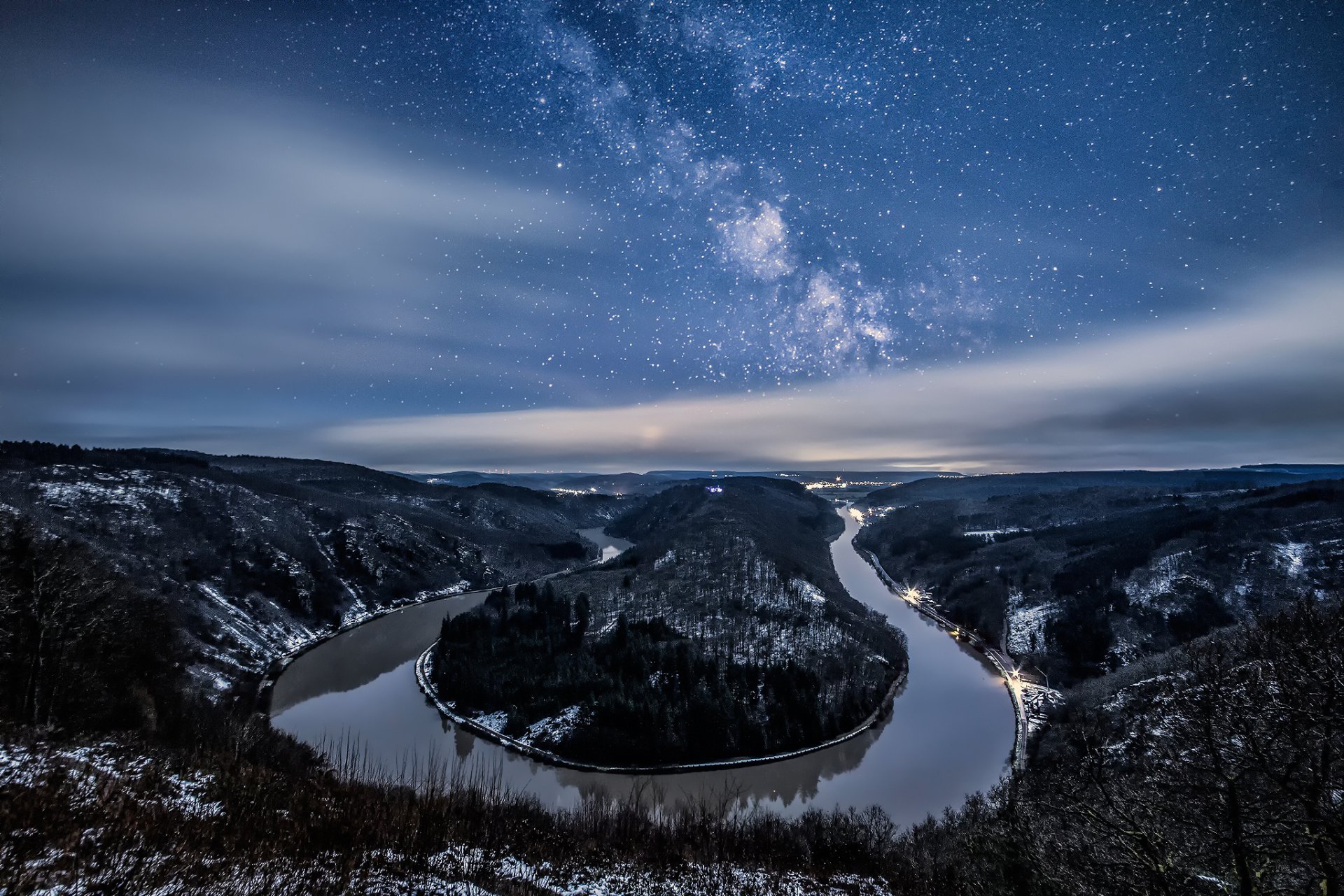 germany land river saarland square wave saarshlyayfe saar loop winter january night star milky way