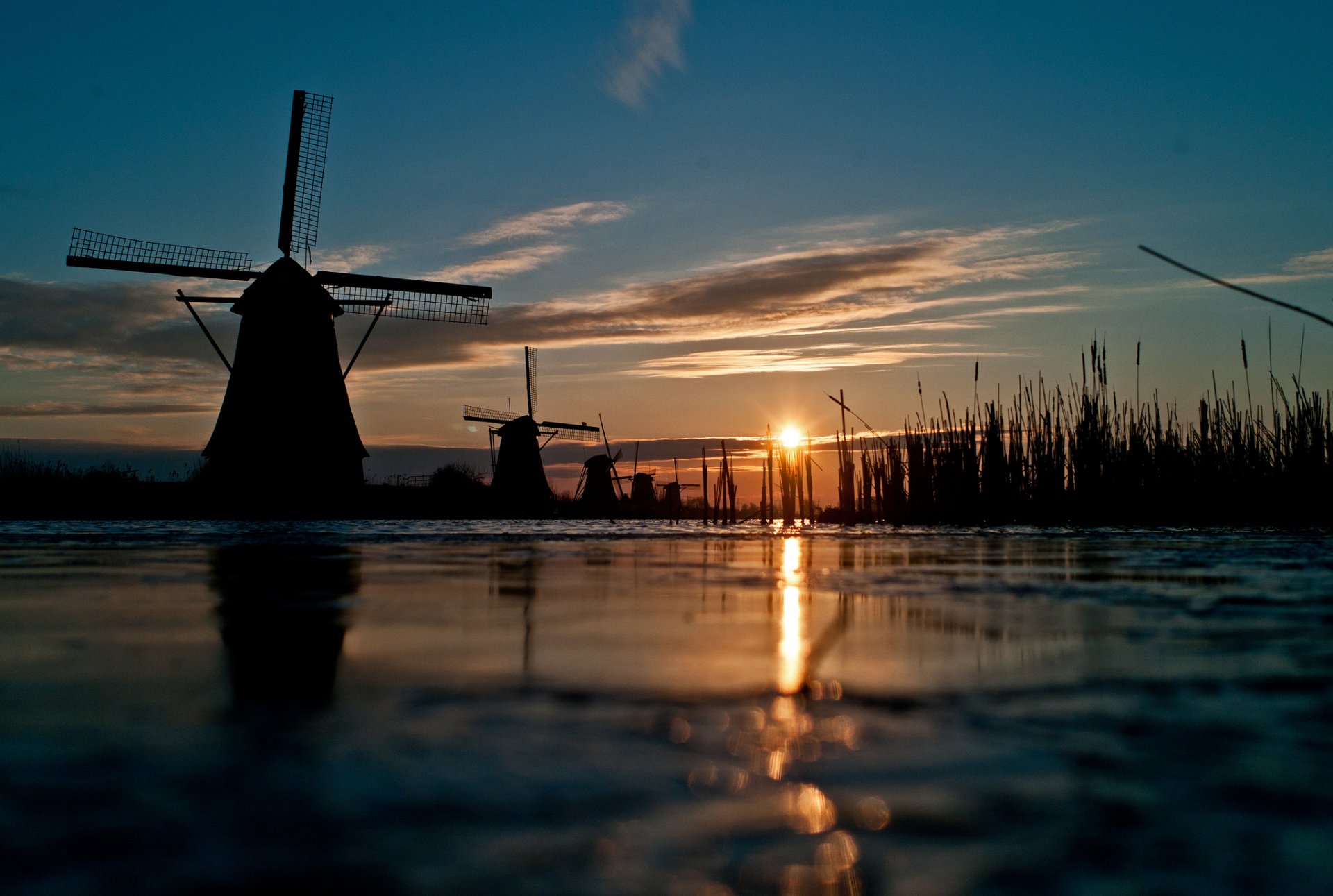 himmel sonne sonnenuntergang kanal fluss gras windmühle