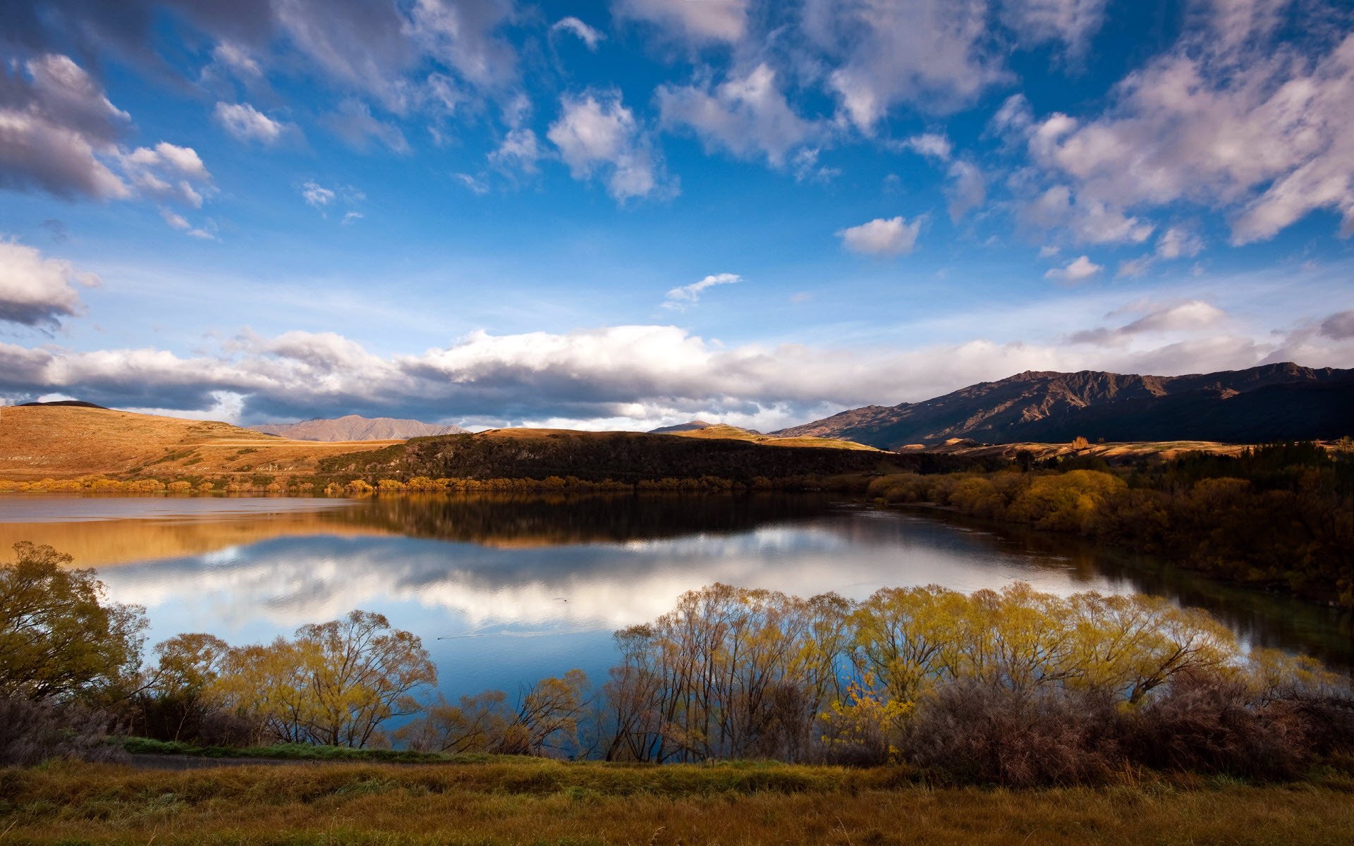 autumn day lake mountain sky clouds bush gra