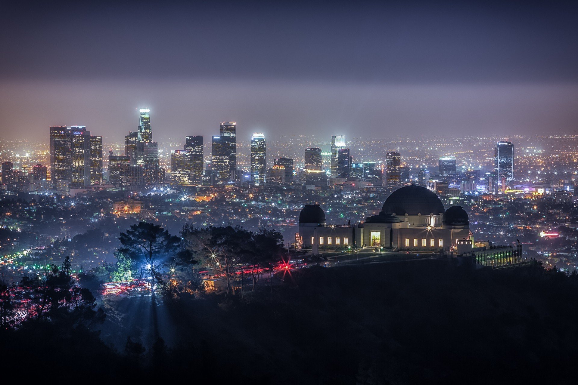 griffith park californie états-unis nuit dôme lumières maisons arbres ciel observatoire