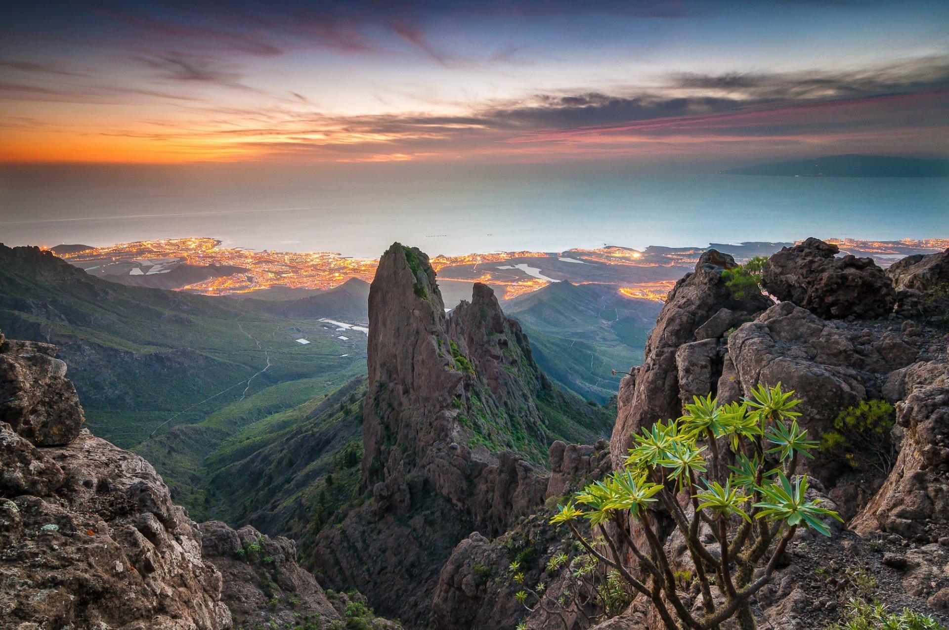 canary islands atlantic ocean sky clouds mountain rock town light