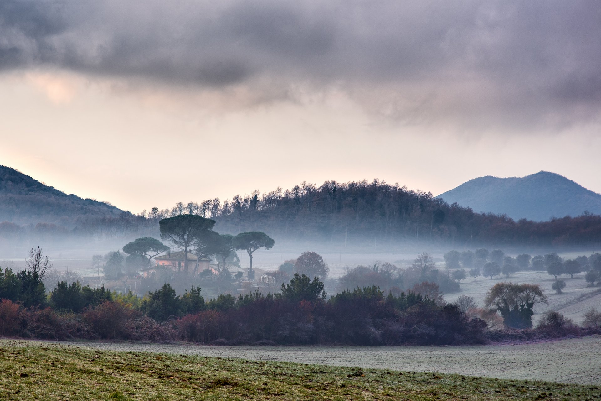 field mountains manziana lazio italy fog