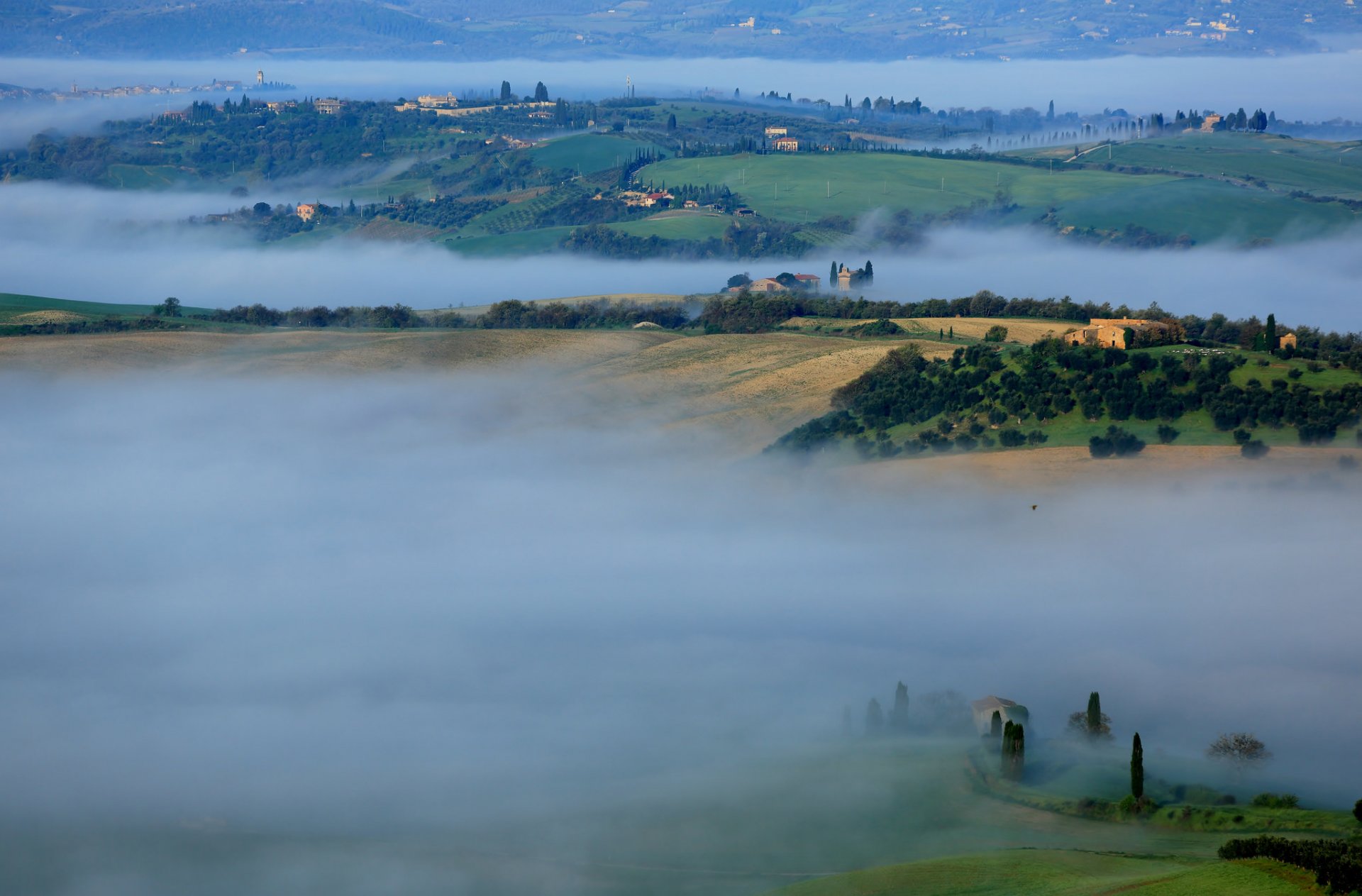 italien toskana hügel morgen nebel haus bäume