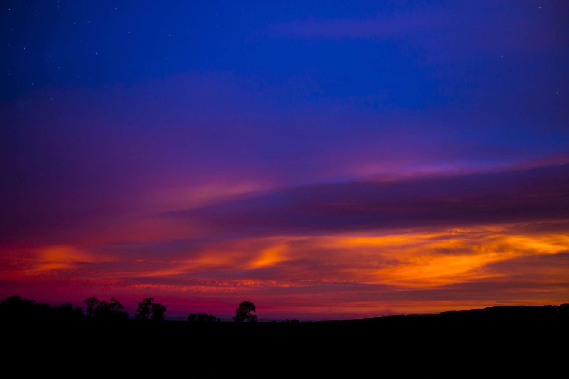 paysage ciel coucher de soleil arbres silhouettes