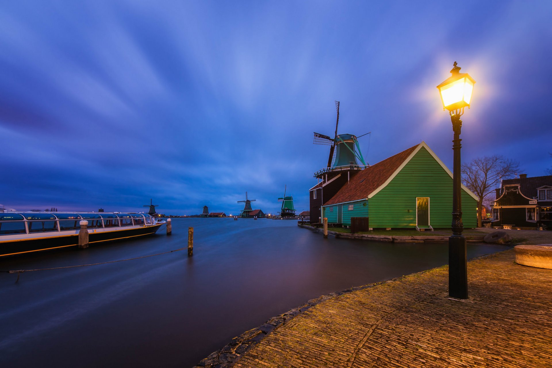 netherlands village village houses mills river lantern lighting night blue sky