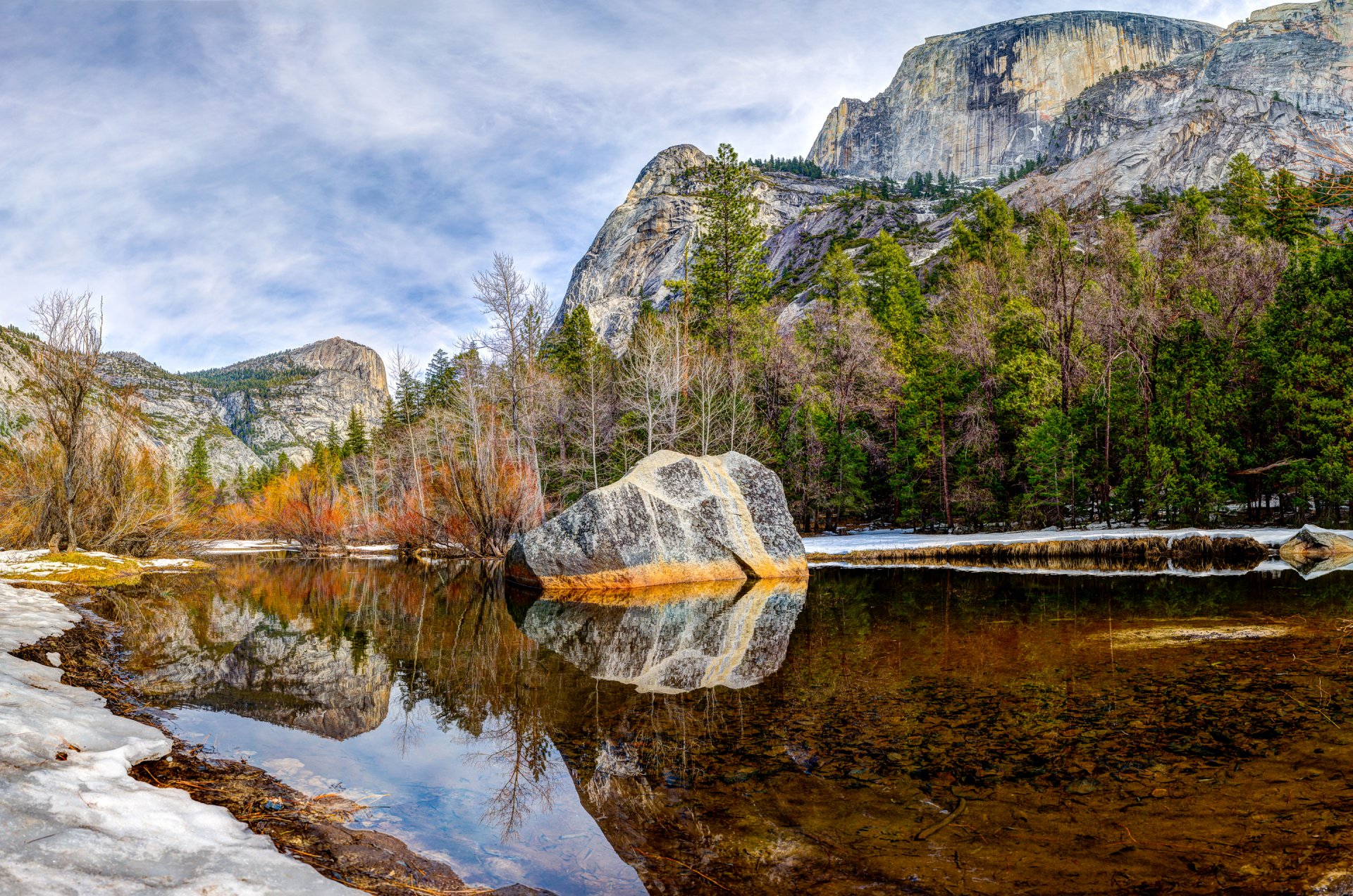 yosemite nationalpark spiegelsee bäume himmel wolken berge see stein