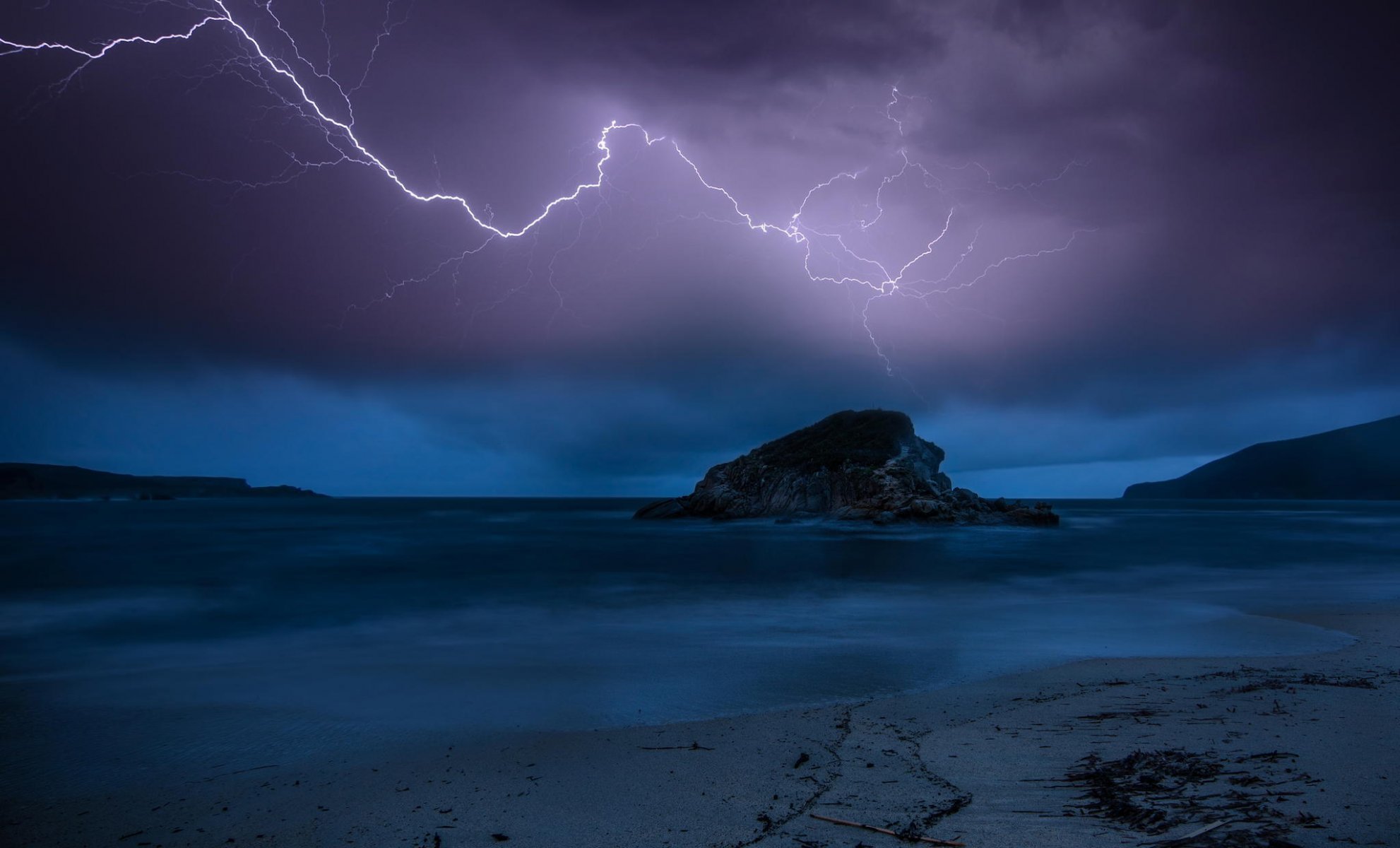 nature beach night the storm lightning twilight rock sea