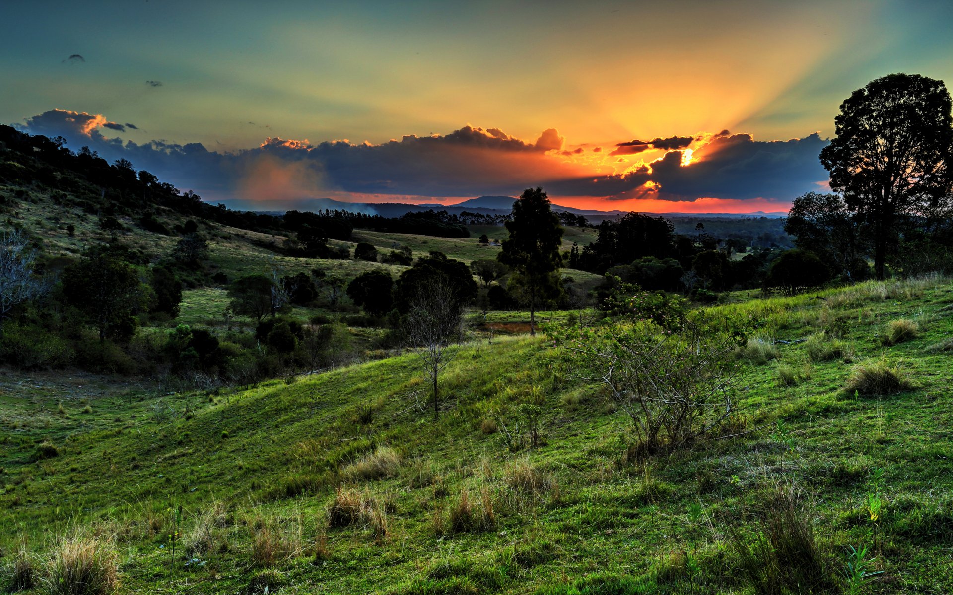 cielo nubes puesta de sol montañas valle árboles