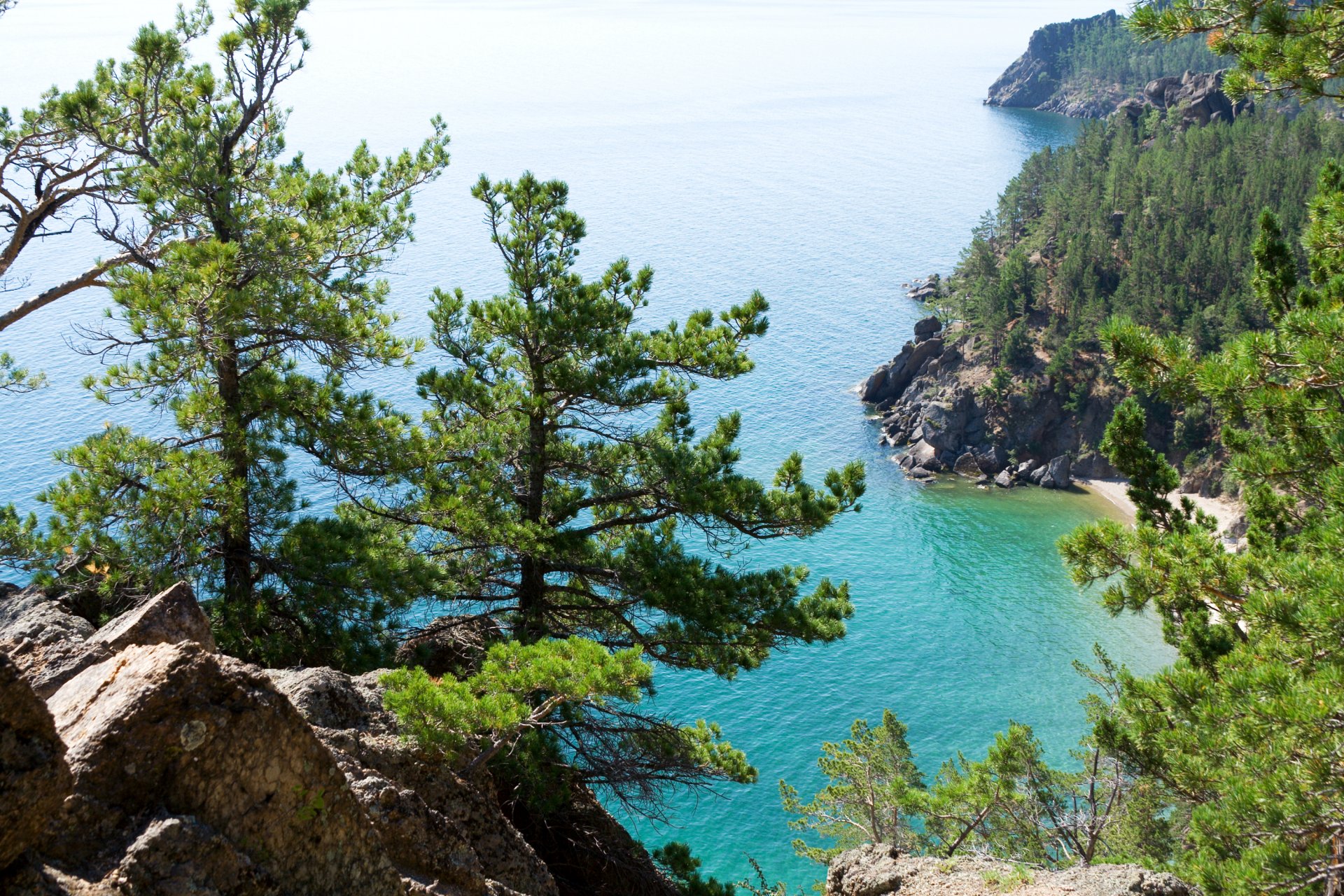 baikal lake beach stones rocks tree top view