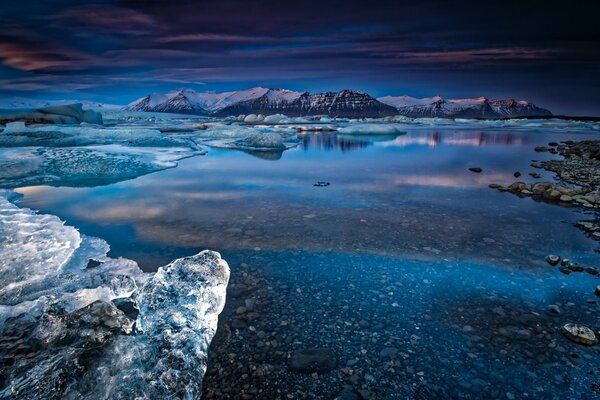 Sunset on the river in winter Iceland