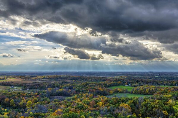 Sobre el bosque, nubes de tormenta y destellos de luz solar