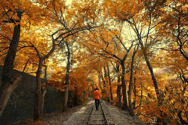 A girl walks off the rails in an autumn park