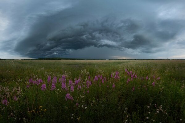 Der Himmel über dem Feld vor dem kommenden Gewitter