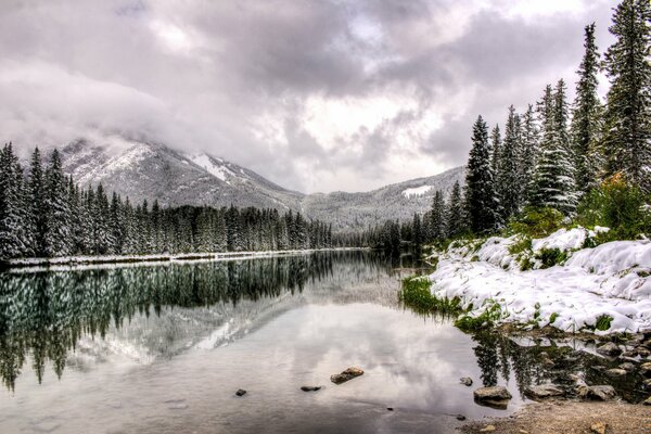 Snowy lake in winter in Canada