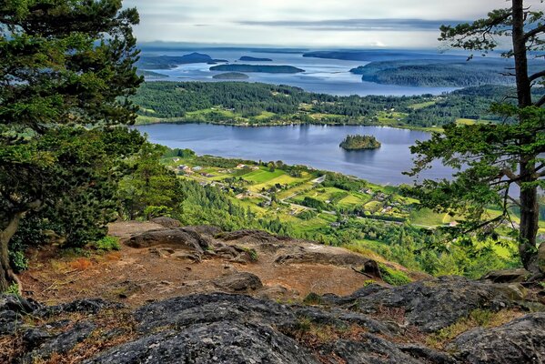 View from the mountain to the lake and islands