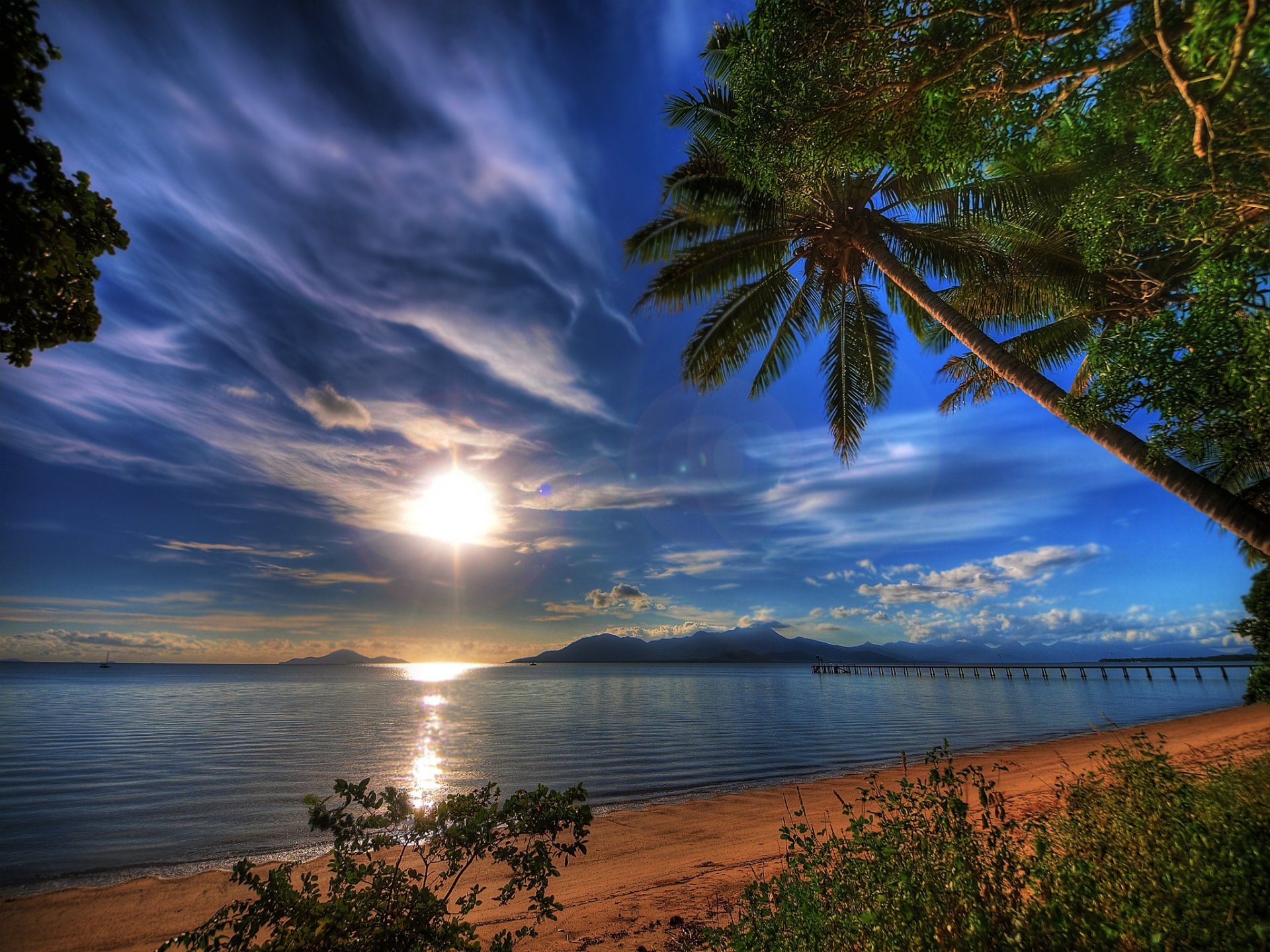 cielo nuvole sera mare palma tropici natura sole riflessione tramonto molo