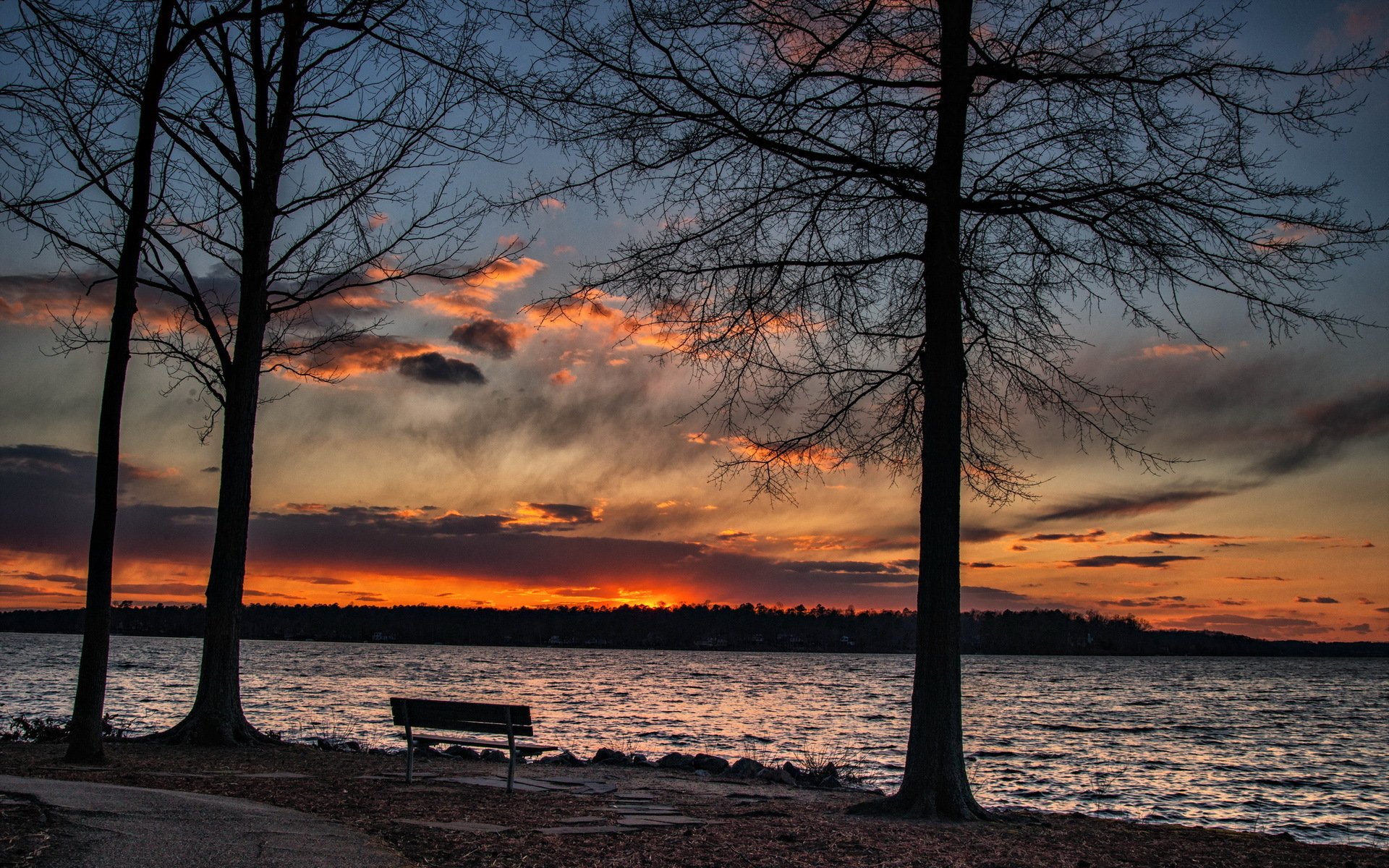 unset lake bench landscape