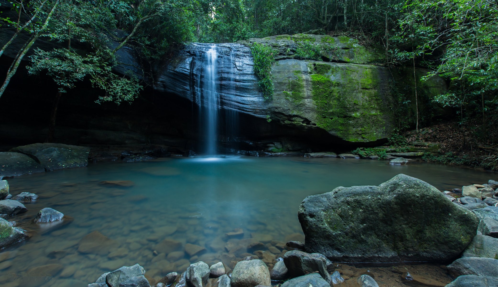 wasserfall bach boden steine felsen moos bäume himmel