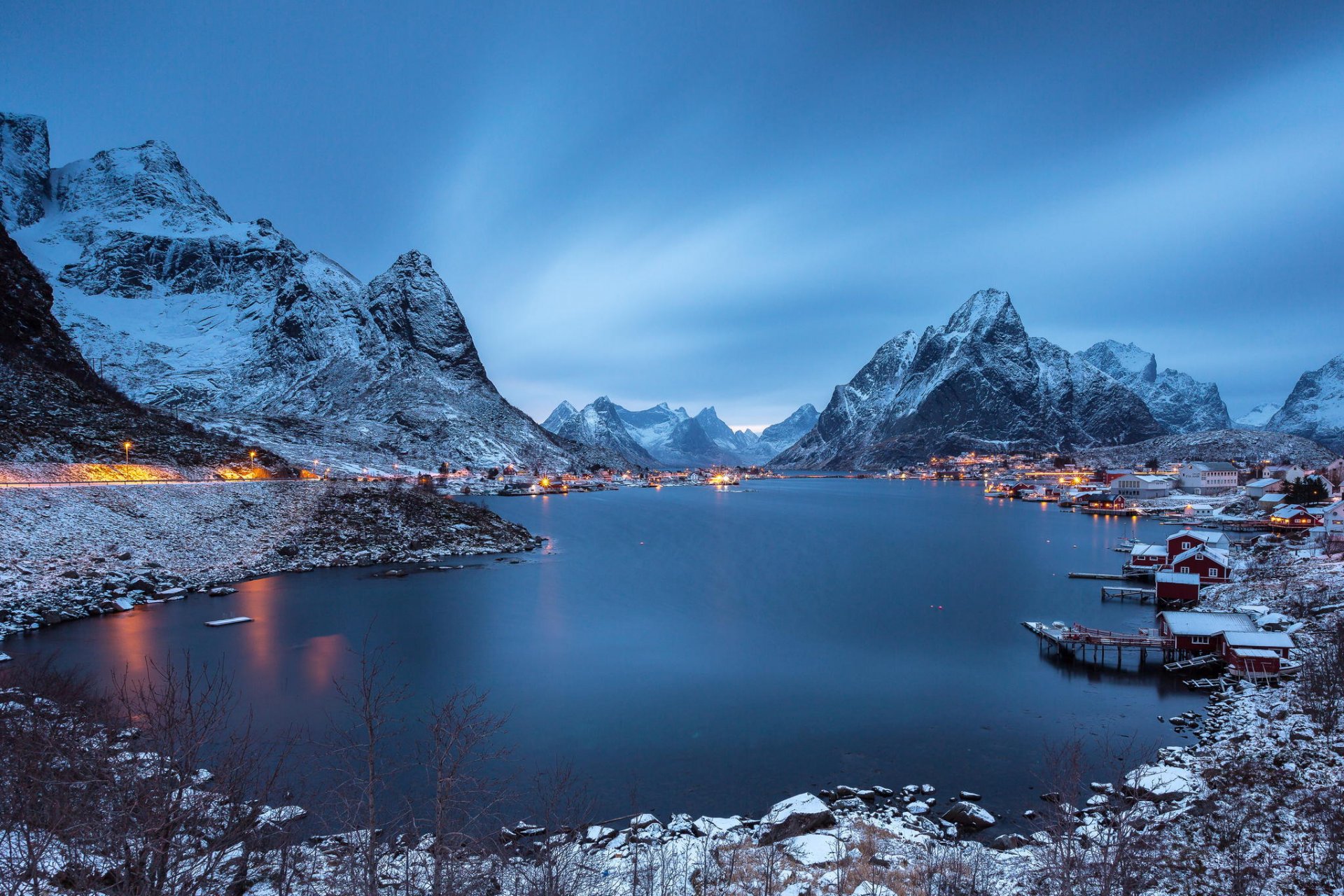 landschaft abend berge see winter