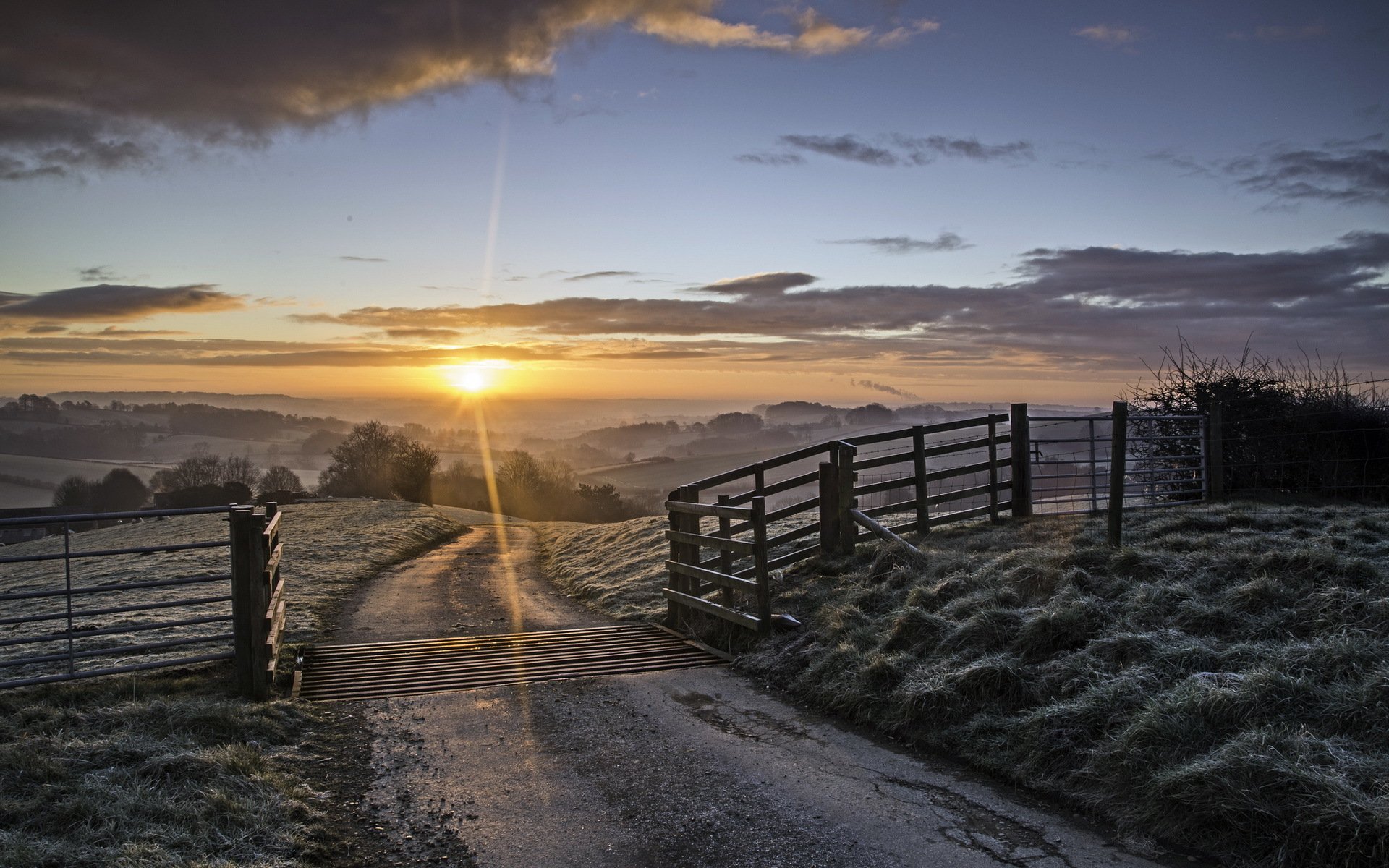 road sunset fence gates landscape