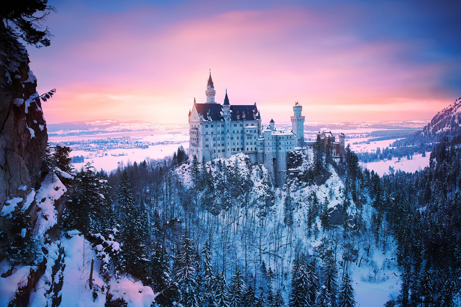 deutschland bayern schloss neuschwanstein winter schnee licht