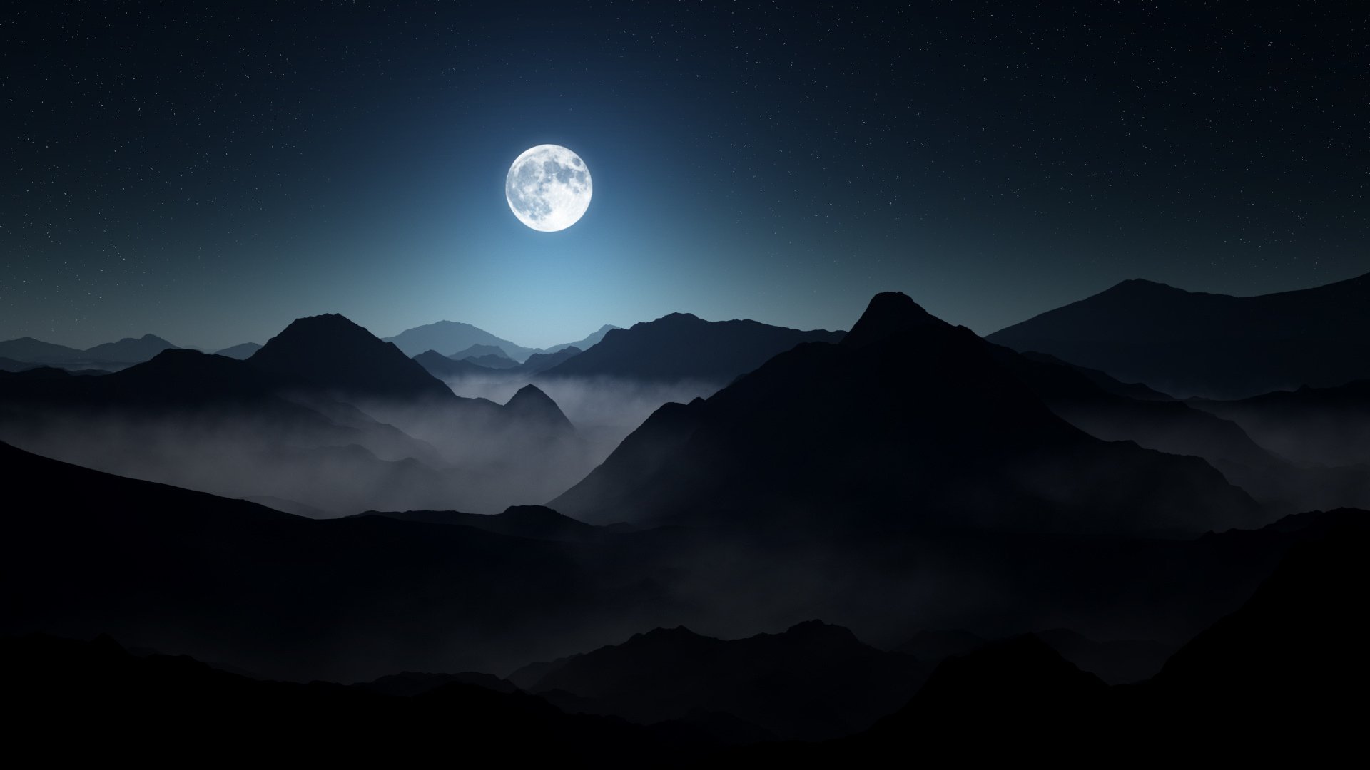 otto hütter obscurité brumeux paysage éclairage capricieux lune montagnes étoiles nuit pleine lune brouillard ciel hd