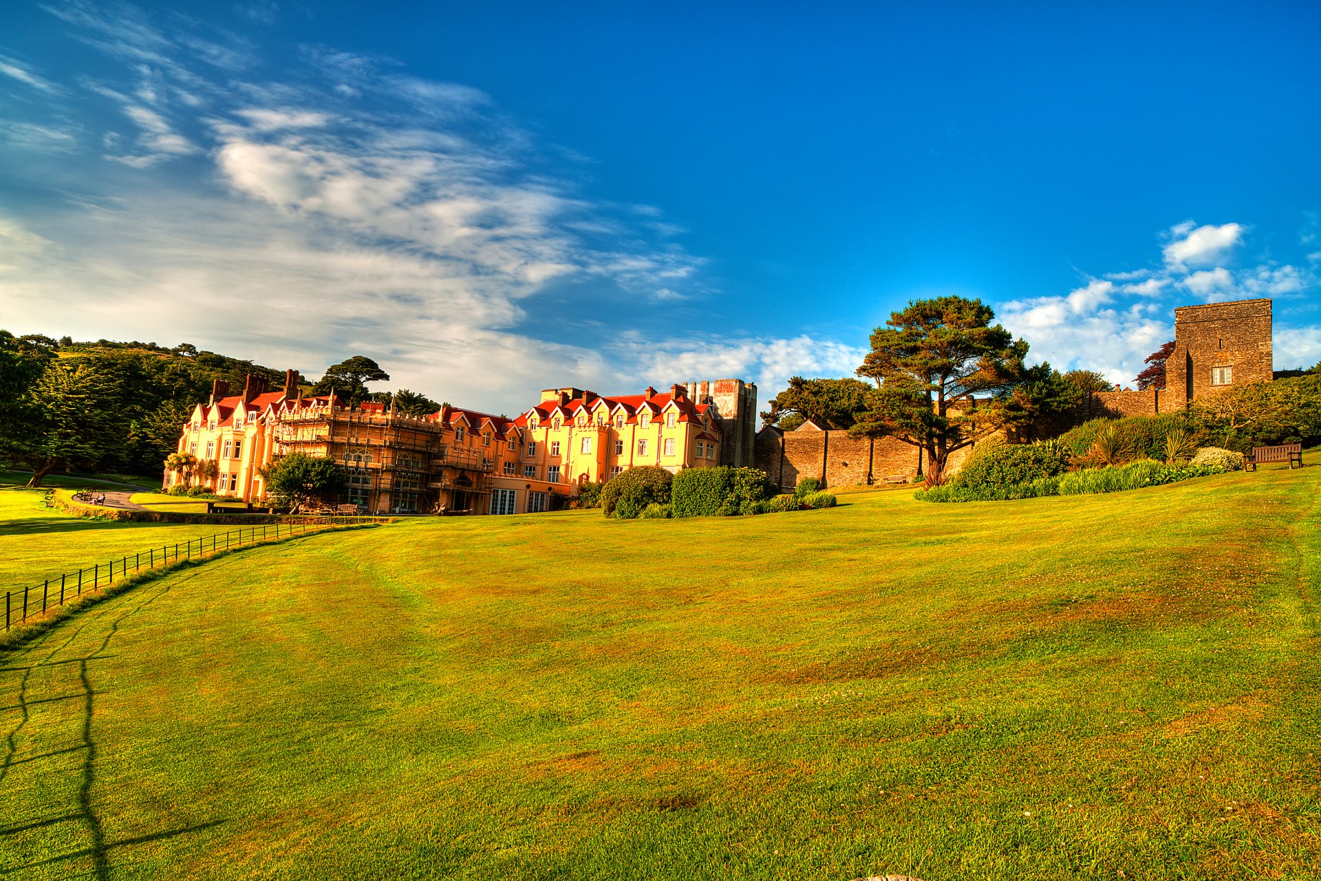 gb exmoor sky clouds slope grass house castle fortre