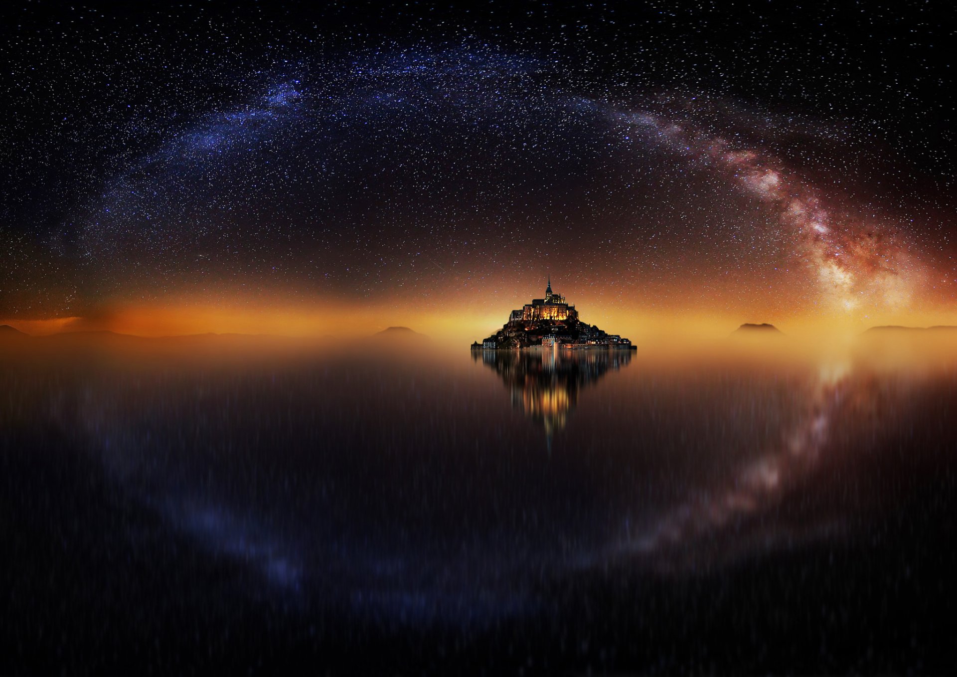 francia isla fortaleza mont saint-michel monte del arcángel miguel noche estrellas cielo vía láctea agua reflejos