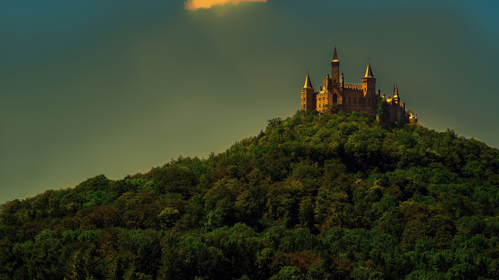 deutschland schloss hohenzollern himmel berg wald bäume wand turm