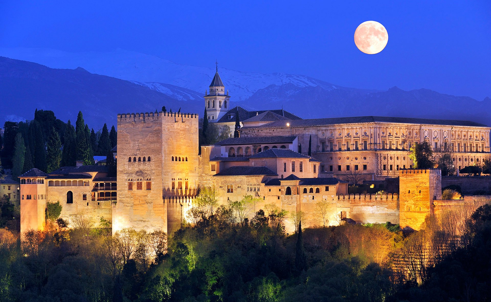 cielo notte luna montagne luci fortezza torre castello