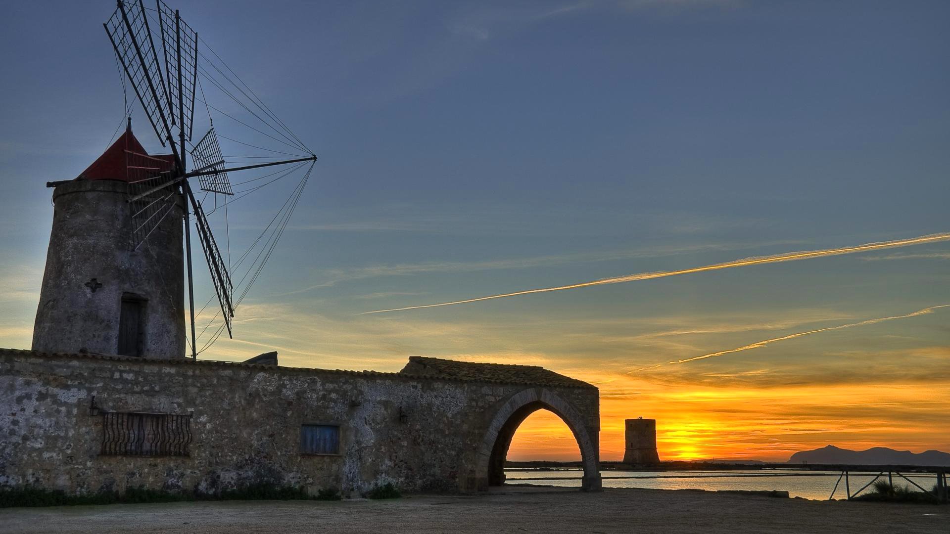 sicile italie ciel coucher de soleil moulin à vent montagnes tour