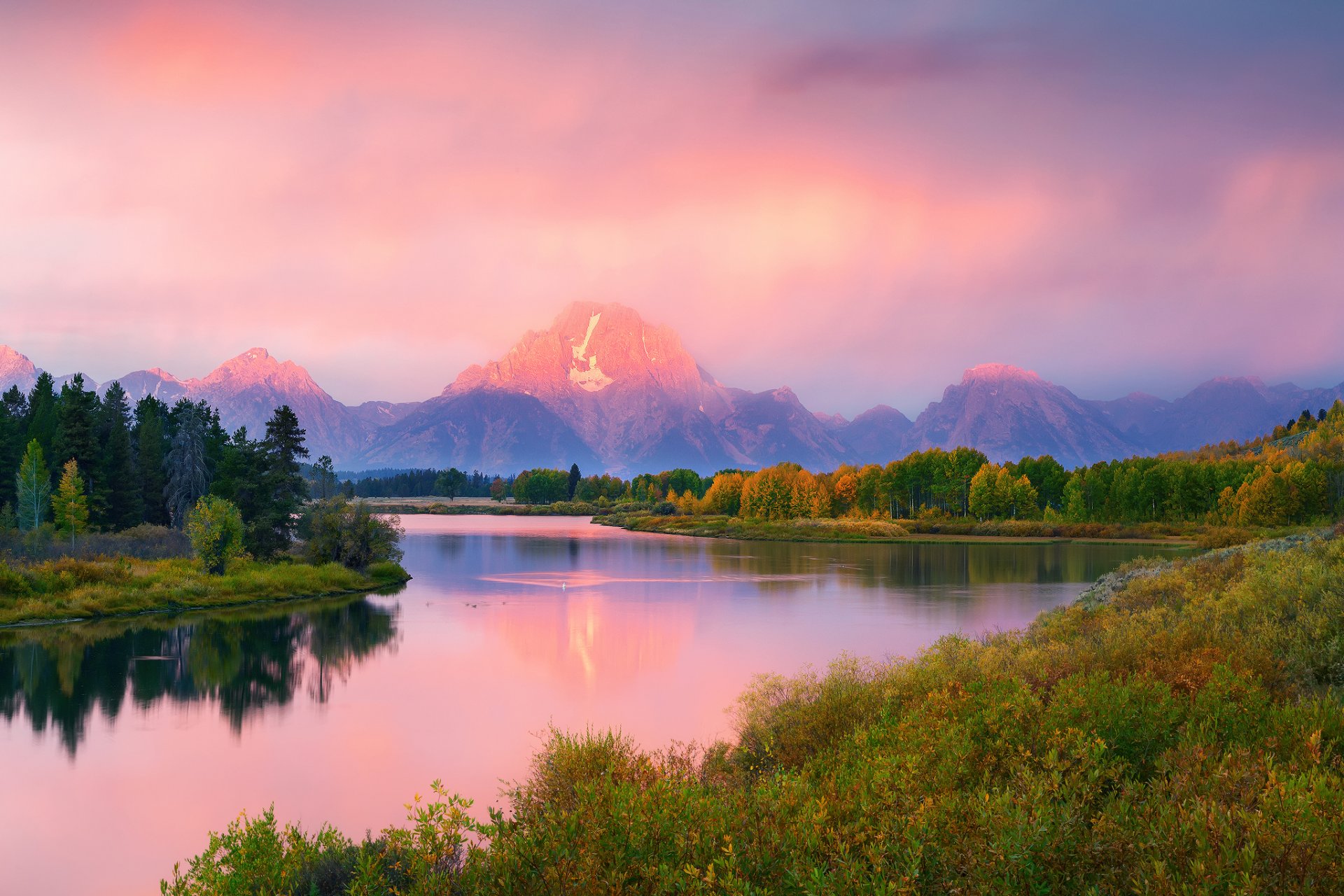 stany zjednoczone wyoming park narodowy grand teton zakręt rozlewiska poranek jesień wrzesień las góry rzeka