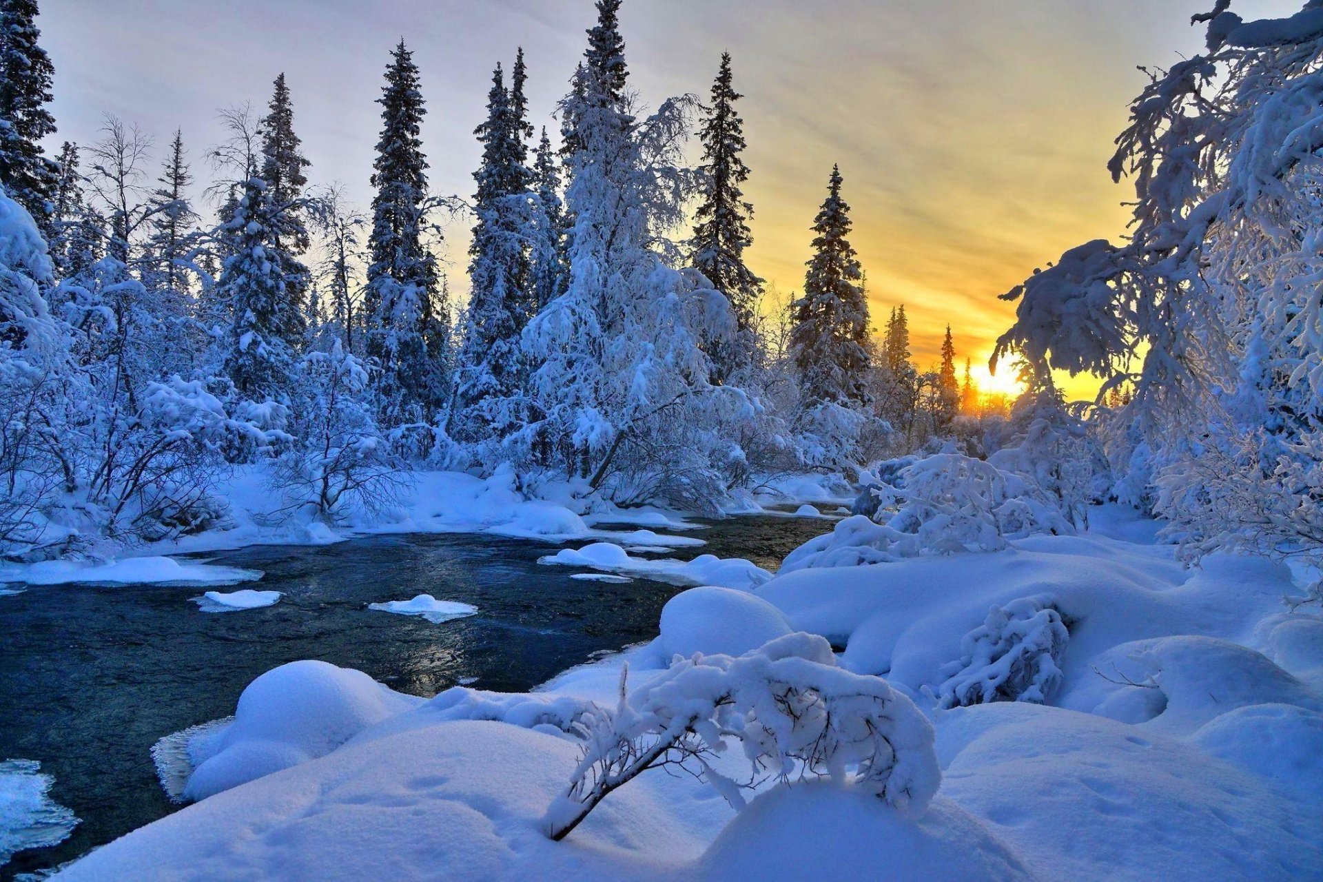 natur landschaft saison winter ansicht farben schnee eis wolken himmel sonnenuntergang baum bäume fluss cool schön winter ansicht farbe fluss