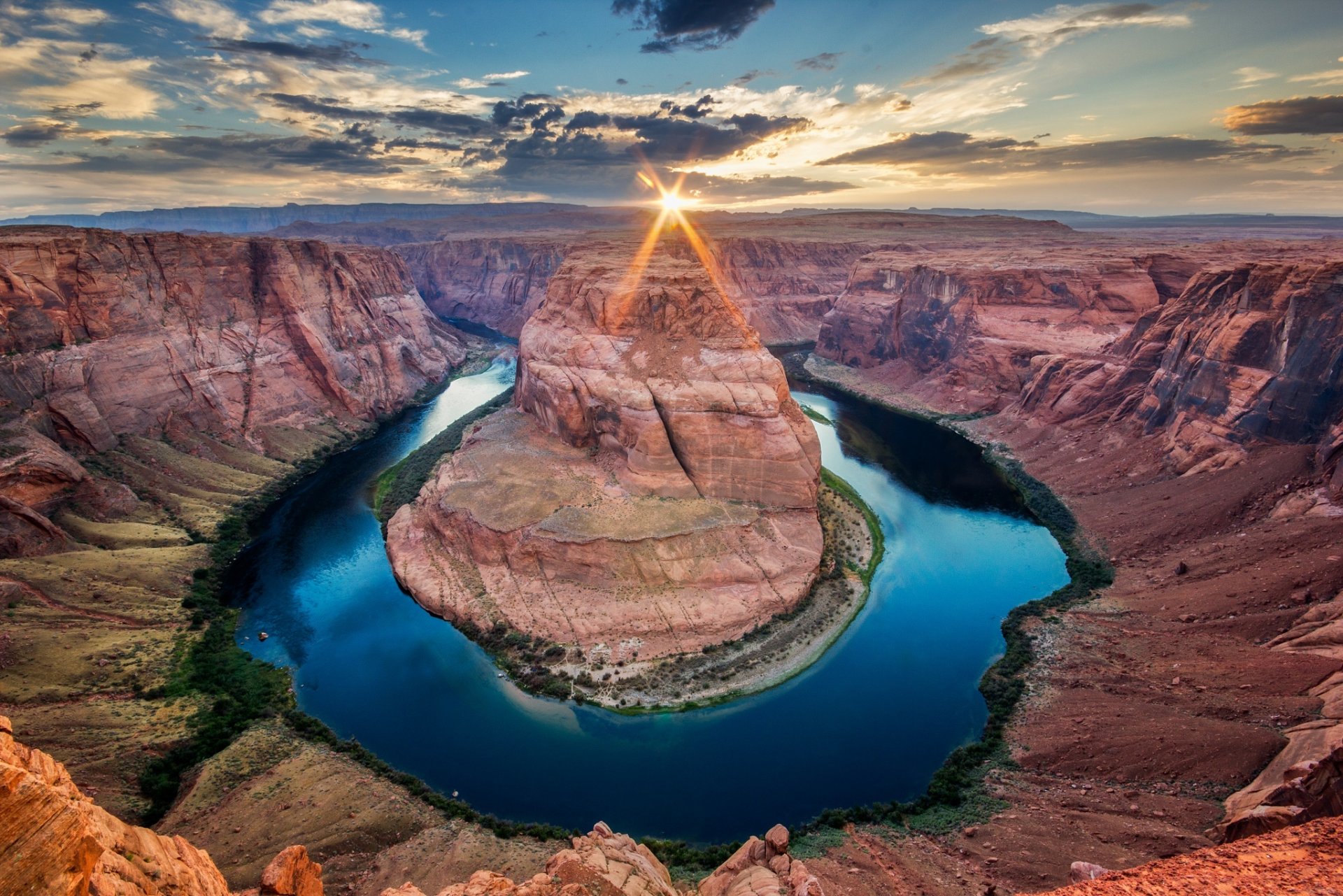 estados unidos estado arizona río colorado cañón horseshoe bend cielo nubes sol rayos