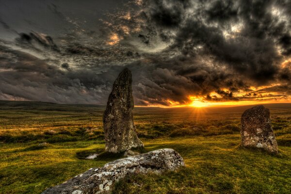 Dartmoor, schöner Sonnenuntergang, druidstones